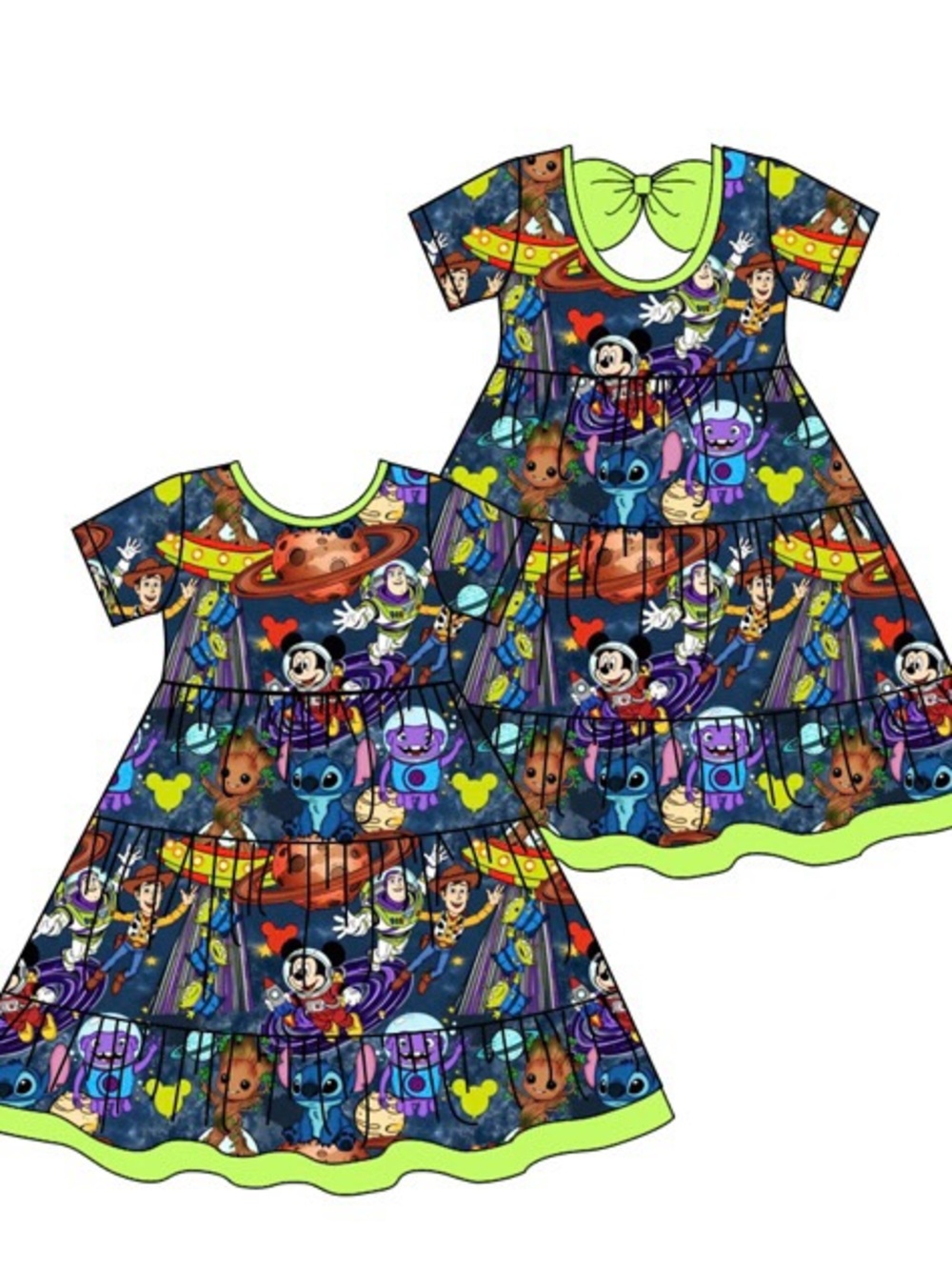 Kids' Space Character Branded Bamboo bow back Dress in Neon Green Trim